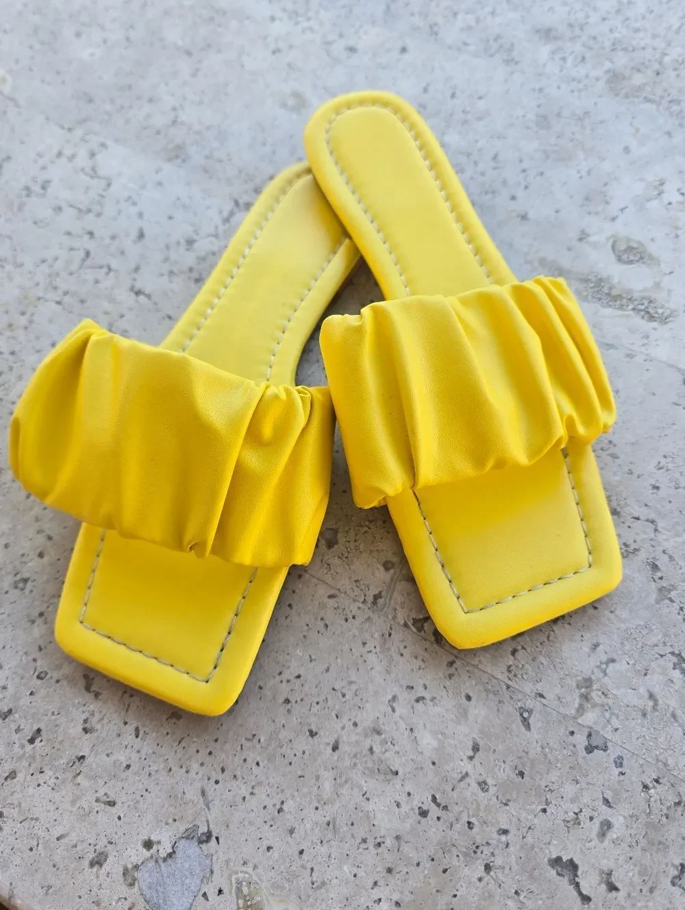 Yellow Ruched Slide Sandals - Women